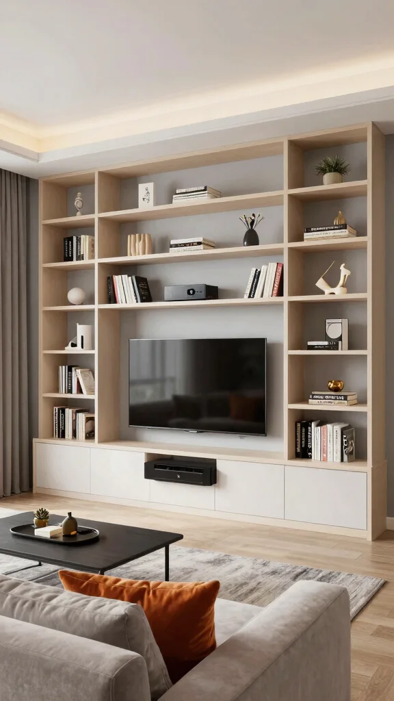 14 Under-TV Wall Shelf Ideas for a Sleek Organized Media Setup - 12. Built-In Shelving Units 1