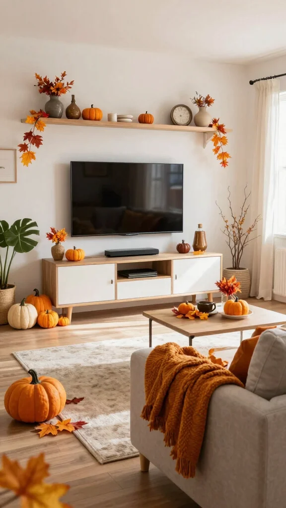 14 Under-TV Wall Shelf Ideas for a Sleek Organized Media Setup - 14. Seasonal Decor Changes 1