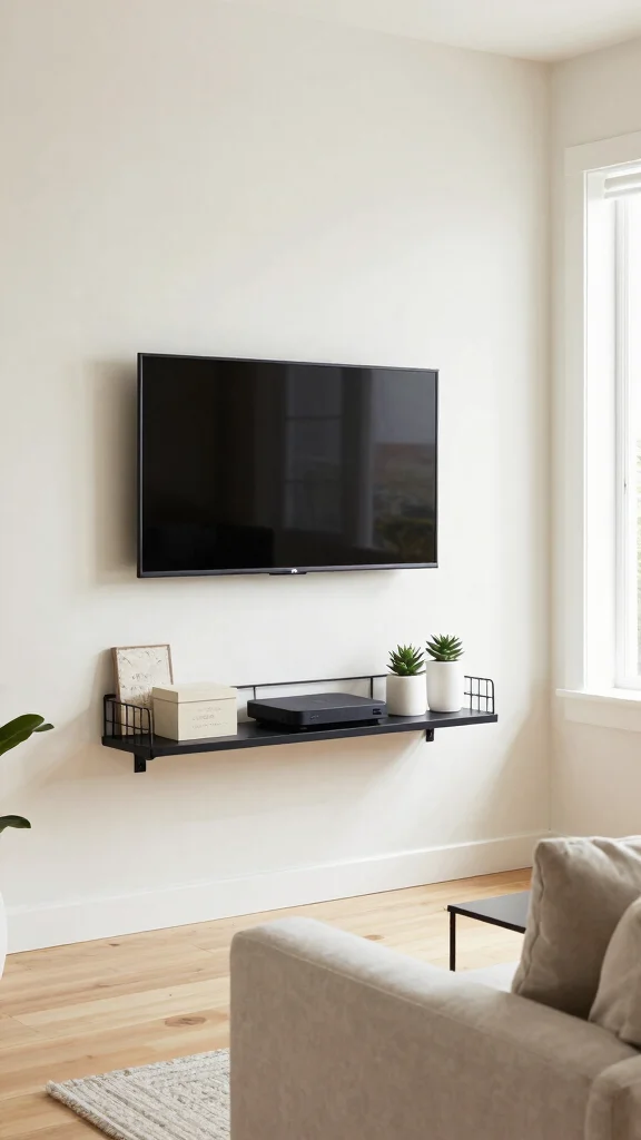 14 Under-TV Wall Shelf Ideas for a Sleek Organized Media Setup - 2. Minimalist Wire Shelving 1