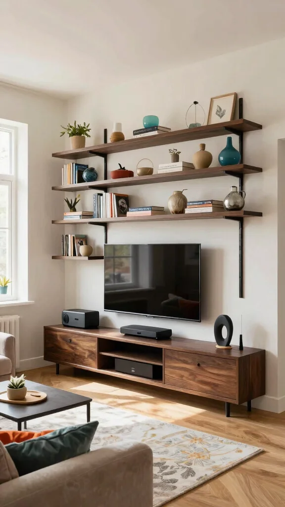 14 Under-TV Wall Shelf Ideas for a Sleek Organized Media Setup - 5. Multi-Level Shelving Units 1