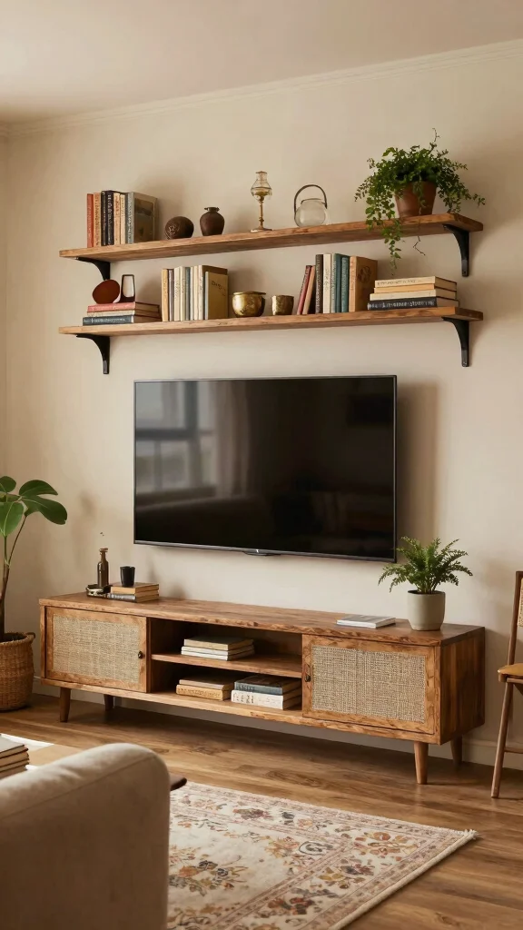 14 Under-TV Wall Shelf Ideas for a Sleek Organized Media Setup - 6. Vintage-Inspired Shelves 1