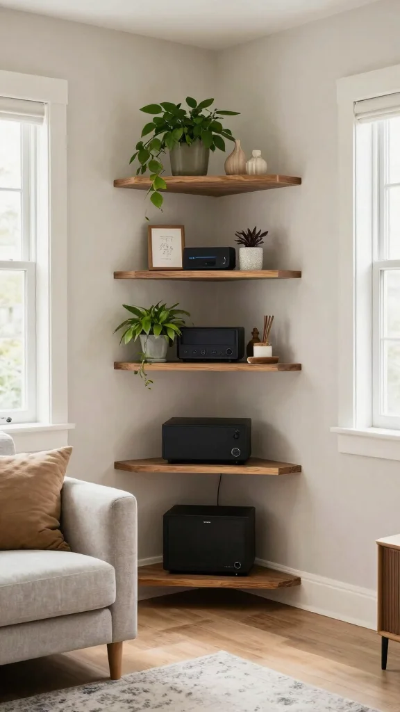 14 Under-TV Wall Shelf Ideas for a Sleek Organized Media Setup - 7. Corner Shelves for Space Efficiency 1