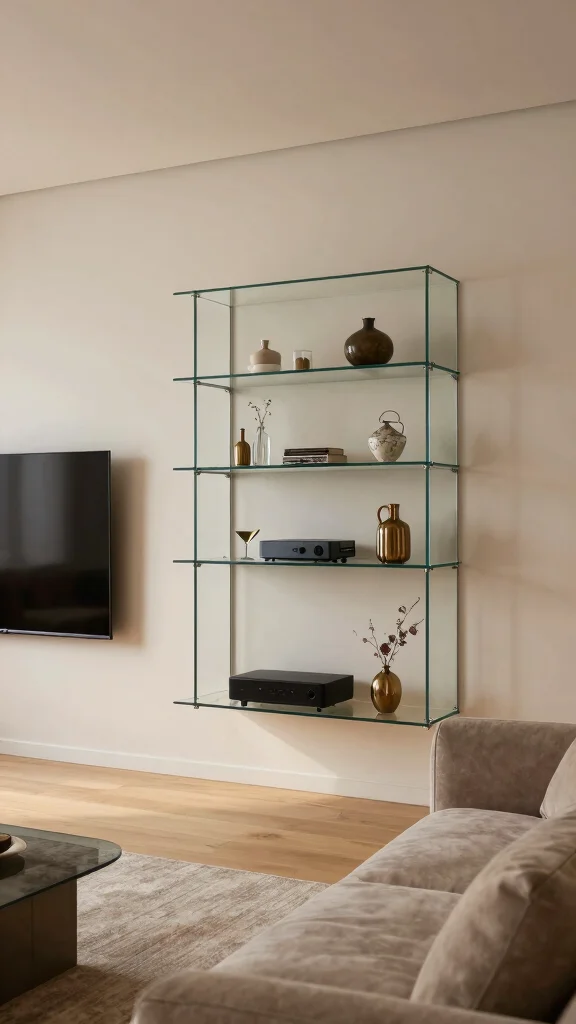 14 Under-TV Wall Shelf Ideas for a Sleek Organized Media Setup - 9. Glass Shelves for an Elegant Touch 1
