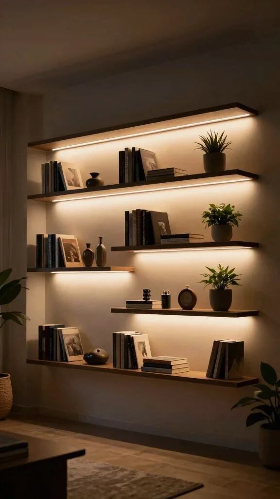 14 Wall Shelf Ideas for Living Room, Bedroom and Hallway: Sustainable and Eco-Friendly - 12. Shelves with Built-in Lighting 1