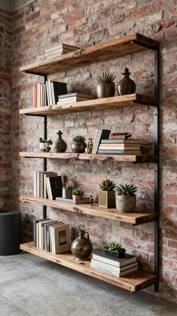 14 Wall Shelf Ideas for Living Room, Bedroom and Hallway: Sustainable and Eco-Friendly - 6. Rustic Industrial Shelves 1