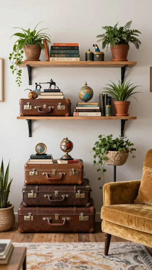 14 Wall Shelf Ideas for Living Room, Bedroom and Hallway: Sustainable and Eco-Friendly - 9. Vintage Suitcase Shelving 1