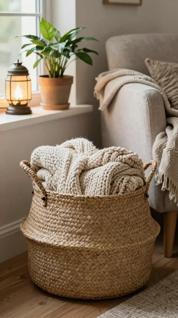 15 Basket With Pillows and Throws Ideas for a Cozy Styled Display - 1. Woven Seagrass Basket with Chunky Knit Throws 1