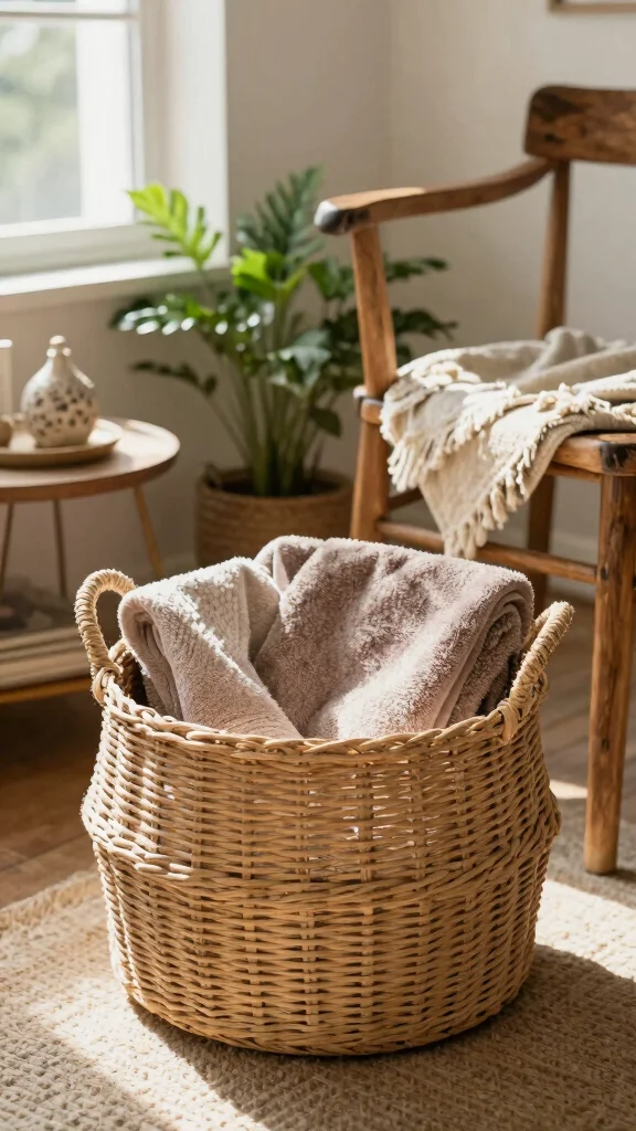 15 Basket With Pillows and Throws Ideas for a Cozy Styled Display - 10. Round Rattan Basket with Earthy Towels 1