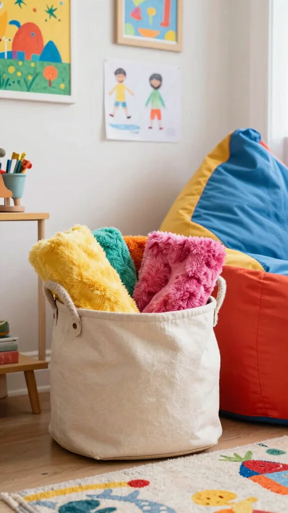 15 Basket With Pillows and Throws Ideas for a Cozy Styled Display - 11. Canvas Basket with Bright, Fun Throws 1