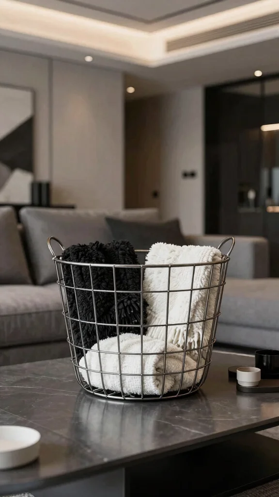 15 Basket With Pillows and Throws Ideas for a Cozy Styled Display - 12. Chic Metal Basket with Monochrome Throws 1