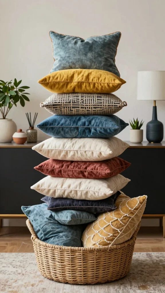 15 Basket With Pillows and Throws Ideas for a Cozy Styled Display - 13. Tiered Basket Arrangement with Layered Pillows 1