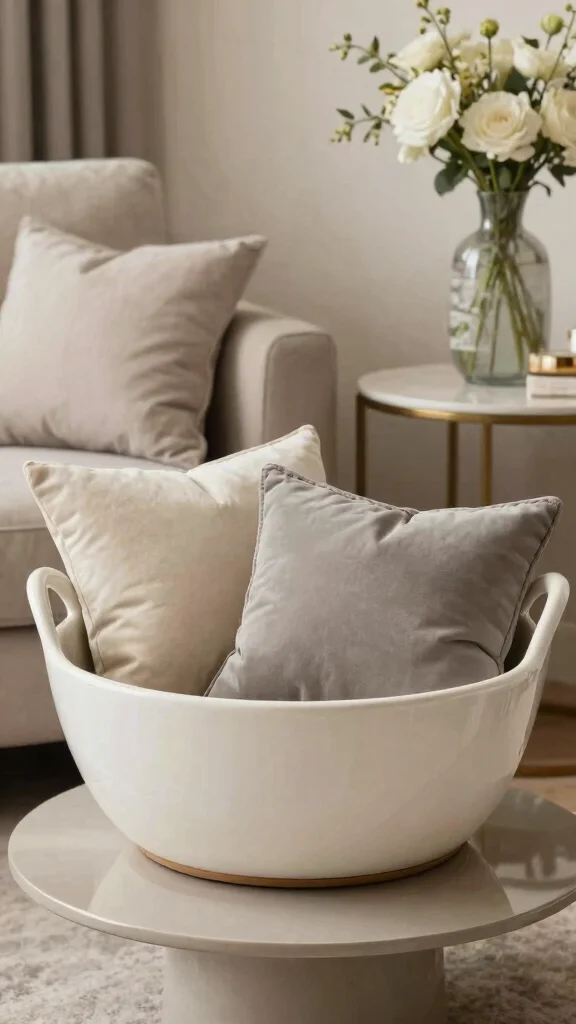 15 Basket With Pillows and Throws Ideas for a Cozy Styled Display - 14. Elegant Ceramic Basket with Soft Pillows 1