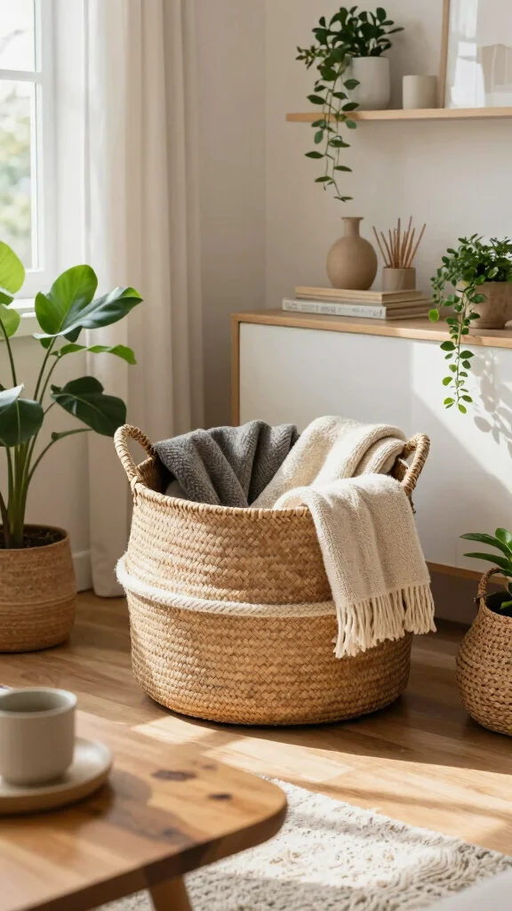 15 Basket With Pillows and Throws Ideas for a Cozy Styled Display - 15. Upcycled Basket with Eco-Friendly Throws 1