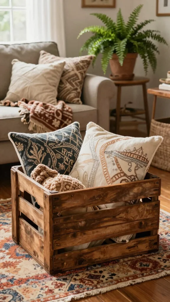 15 Basket With Pillows and Throws Ideas for a Cozy Styled Display - 3. Vintage Wooden Crate with Mismatched Throw Pillows 1