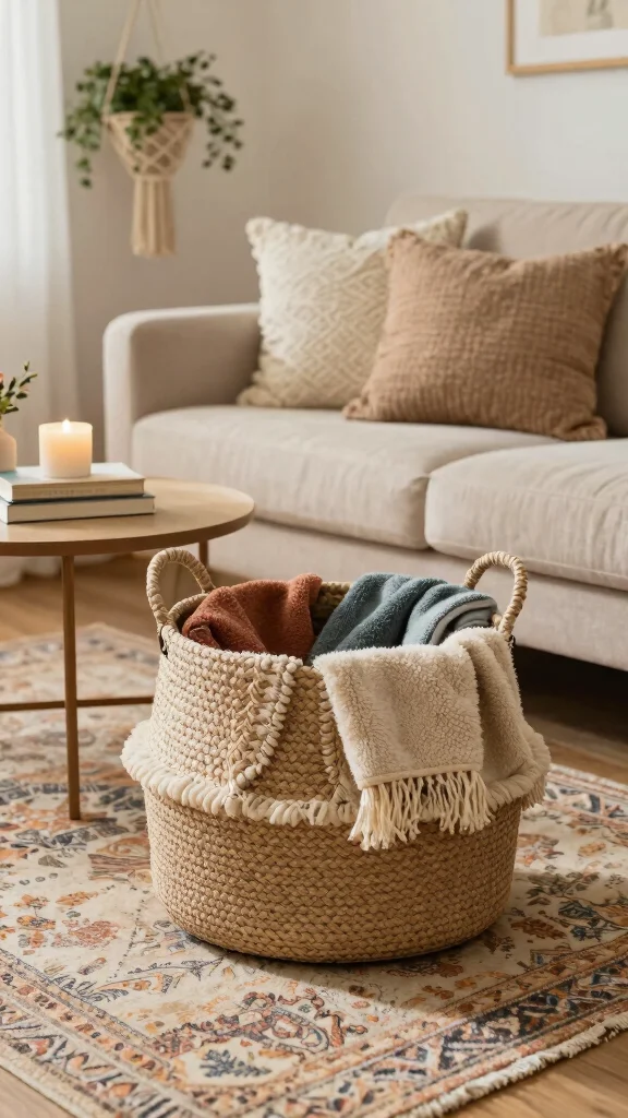 15 Basket With Pillows and Throws Ideas for a Cozy Styled Display - 4. Woven Tapestry Basket with Soft Fleece Throws 1