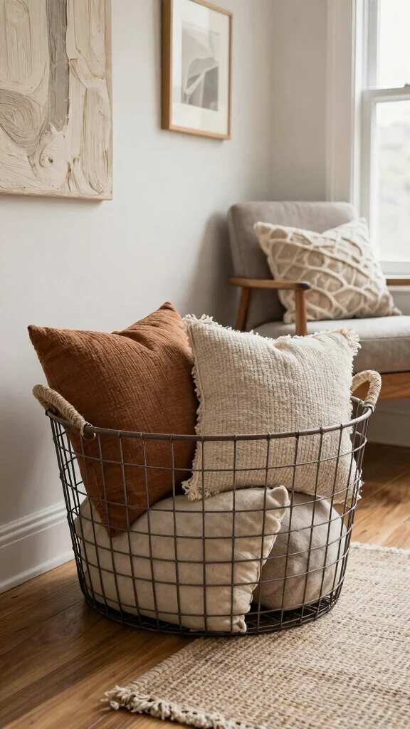 15 Basket With Pillows and Throws Ideas for a Cozy Styled Display - 5. Rustic Wire Basket with Chunky Pillows 1