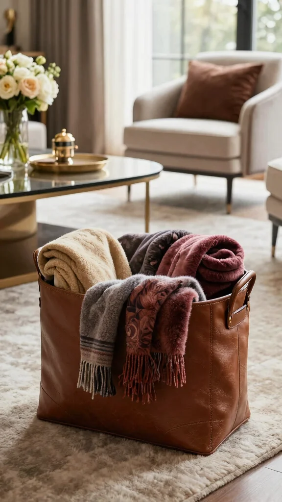 15 Basket With Pillows and Throws Ideas for a Cozy Styled Display - 6. Leather Storage Basket with Luxurious Throws 1