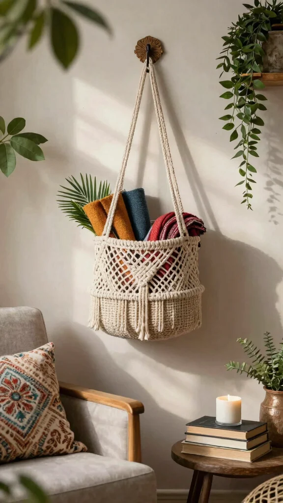 15 Basket With Pillows and Throws Ideas for a Cozy Styled Display - 7. Handmade Macramé Basket with Boho Throws 1