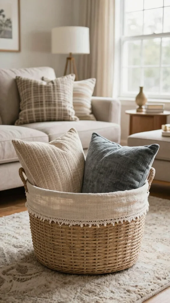 15 Basket With Pillows and Throws Ideas for a Cozy Styled Display - 9. Decorative Storage Basket with Textured Throw Pillows 1
