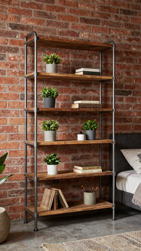 15 Bedroom Shelf Ideas for Storage Decor and Every Wall - 10. Industrial Pipe Shelving for an Edgy Look 1