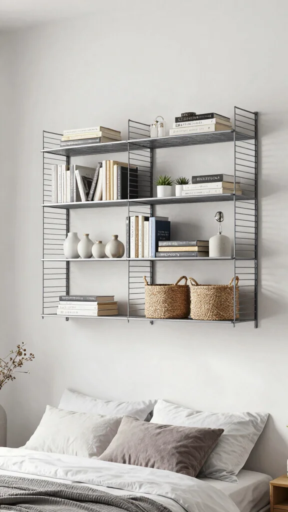 15 Bedroom Shelf Ideas for Storage Decor and Every Wall - 12. Wire Shelving for a Lightweight Feel 1