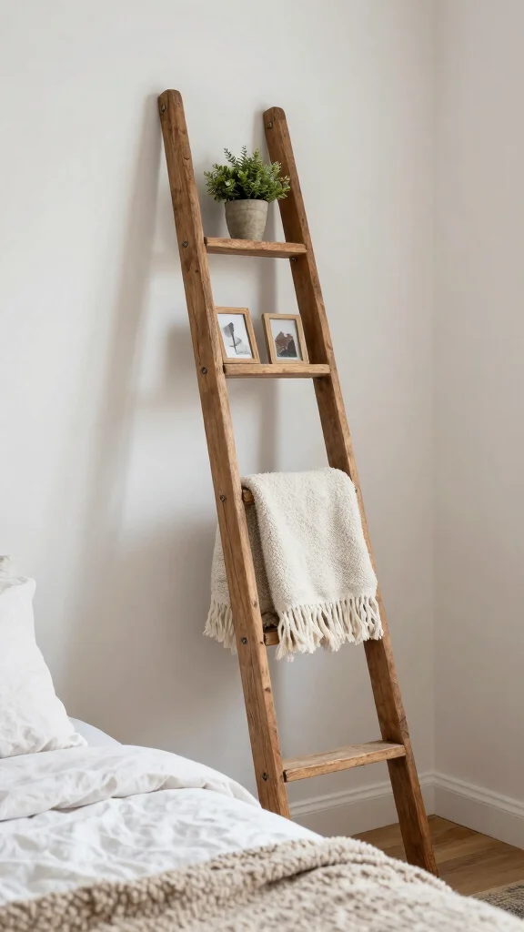 15 Bedroom Shelf Ideas for Storage Decor and Every Wall - 13. Vintage Ladder Shelves for a Unique Touch 1
