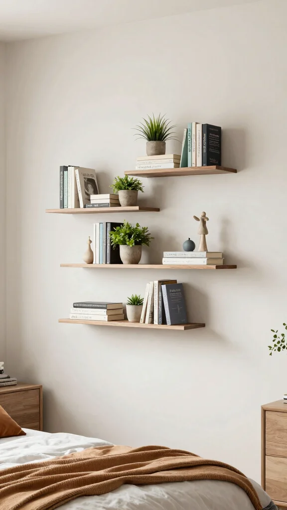 15 Bedroom Shelf Ideas for Storage Decor and Every Wall - 7. Tiered Shelving for a Dynamic Display 1