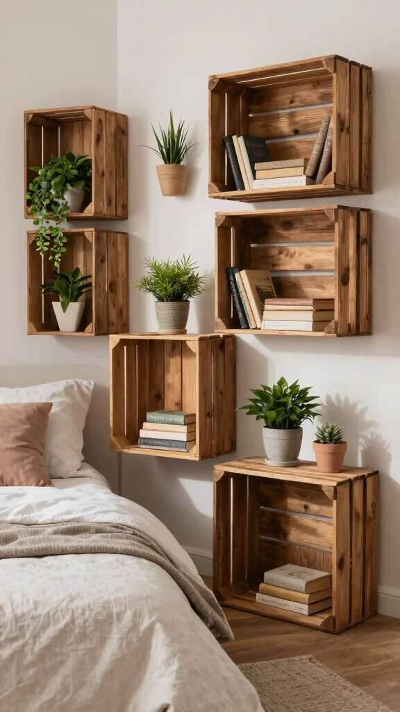 15 Bedroom Shelf Ideas for Storage Decor and Every Wall - 8. Repurposed Wooden Crates for Rustic Storage 1