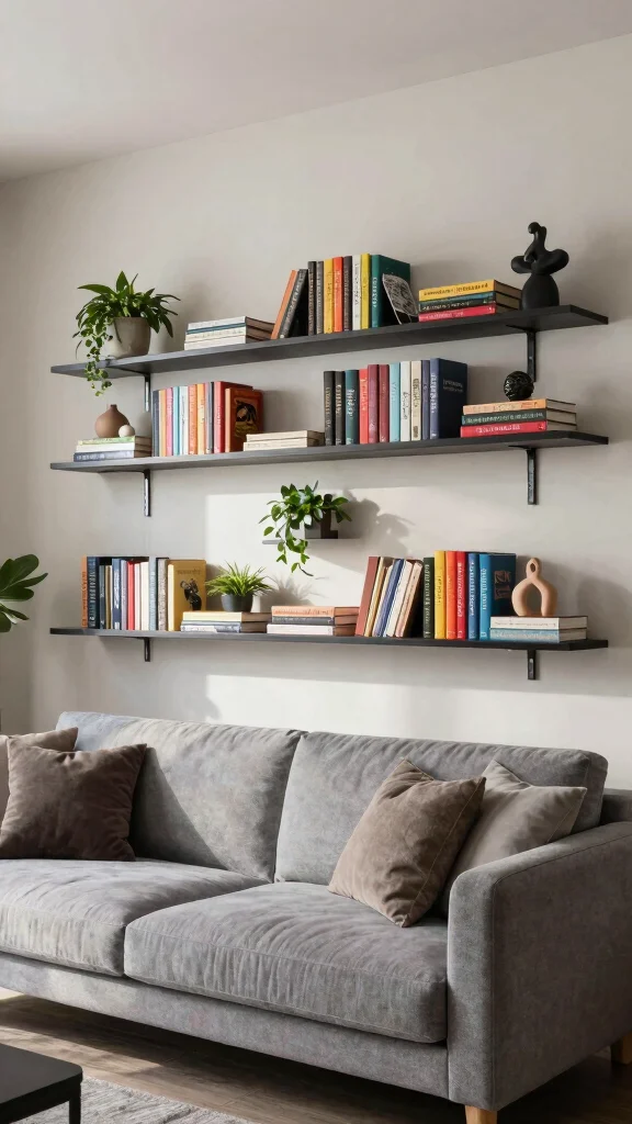 15 Behind-the-Couch Shelf Ideas for a Functional Stylish Living Room - 1. Floating Shelves with Decor 1