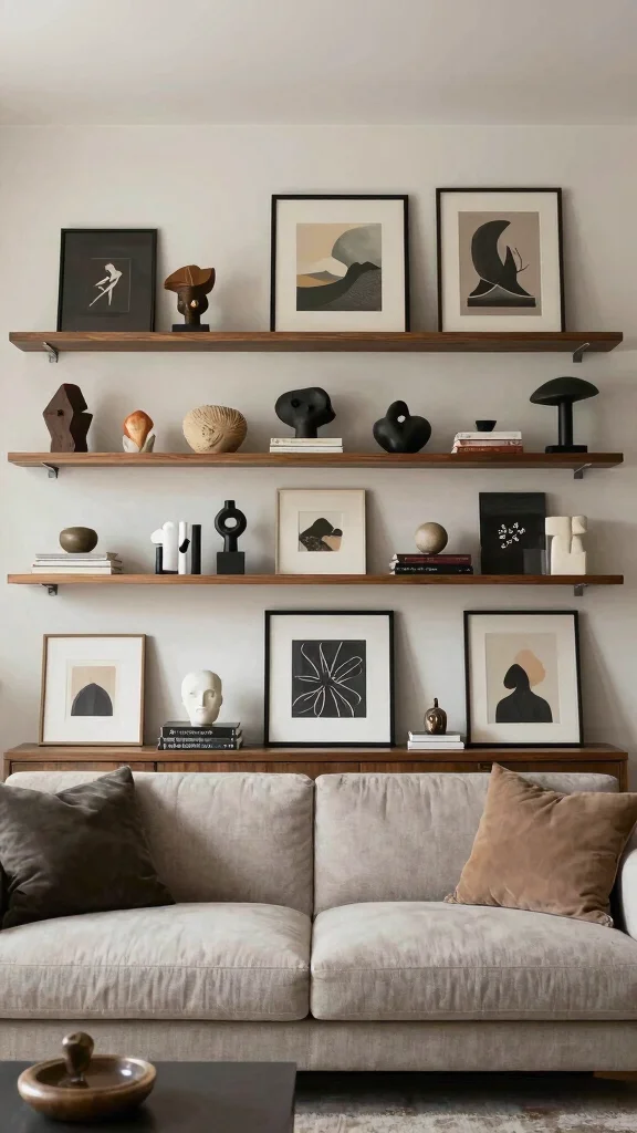 15 Behind-the-Couch Shelf Ideas for a Functional Stylish Living Room - 10. Unique Art Display Shelves 1
