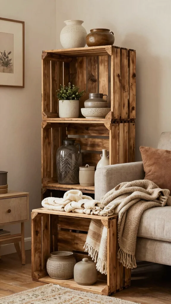 15 Behind-the-Couch Shelf Ideas for a Functional Stylish Living Room - 11. Rustic Wood Crates 1