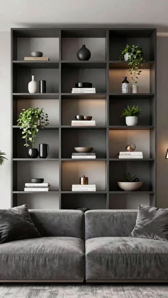 15 Behind-the-Couch Shelf Ideas for a Functional Stylish Living Room - 12. Geometric Shelving 1
