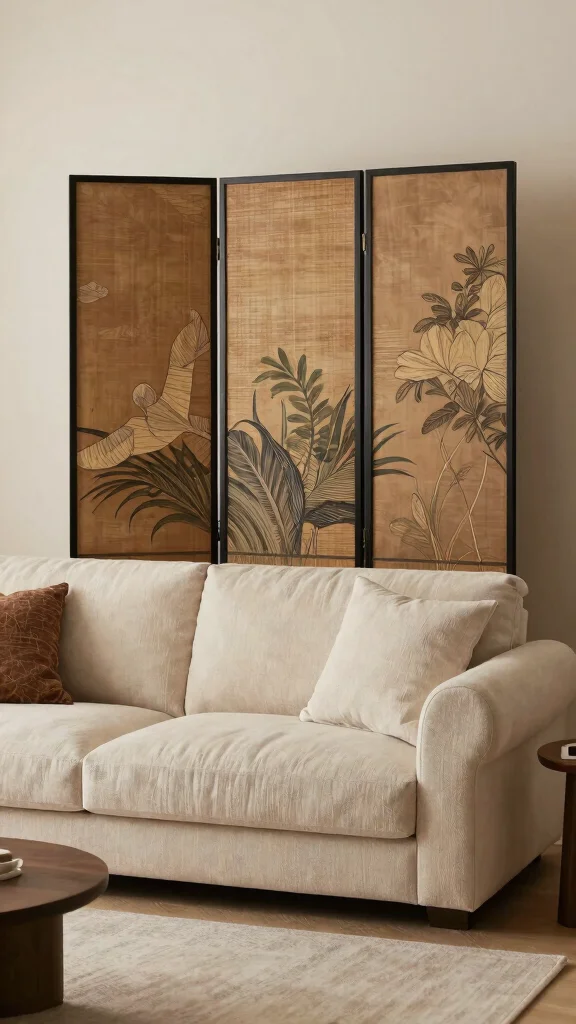 15 Behind-the-Couch Shelf Ideas for a Functional Stylish Living Room - 13. Decorative Folding Screens 1