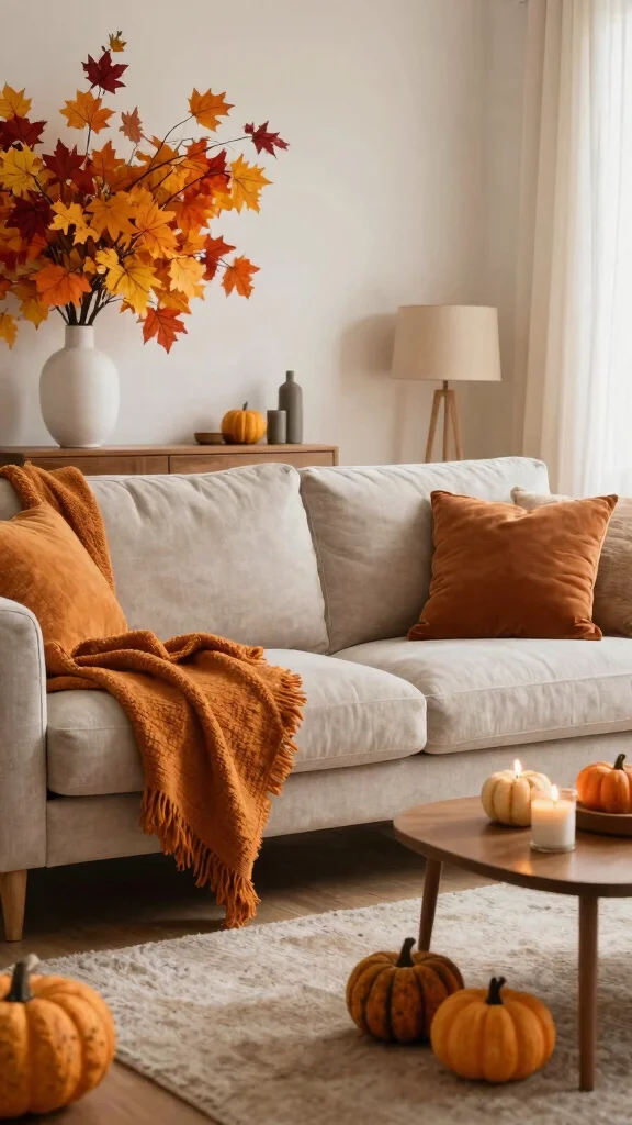 15 Behind-the-Couch Shelf Ideas for a Functional Stylish Living Room - 15. Seasonal Decor Display 1