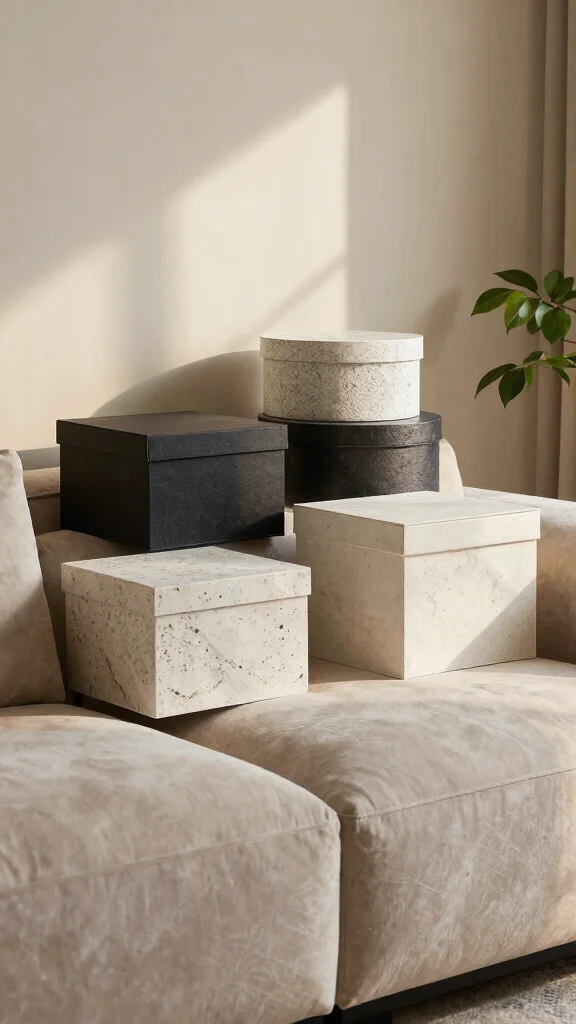 15 Behind-the-Couch Shelf Ideas for a Functional Stylish Living Room - 6. Decorative Boxes for Organization 1