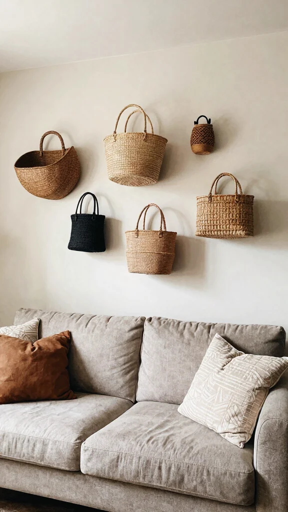 15 Behind-the-Couch Shelf Ideas for a Functional Stylish Living Room - 7. Wall-Mounted Baskets 1