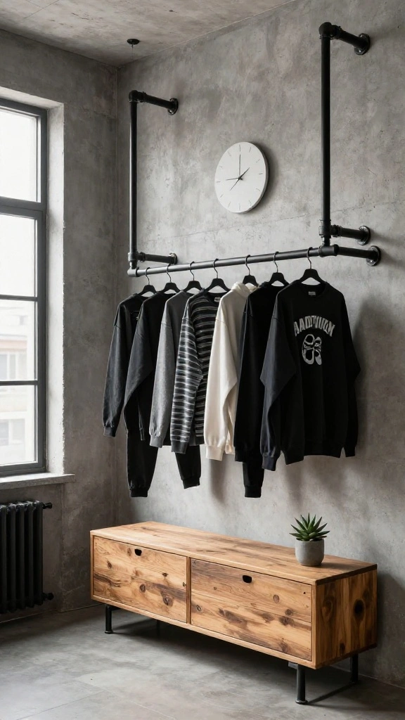 15 Clothes Hanger Ideas for the Bedroom for Every Style and Layout - 4. Industrial Pipe Hangers 1