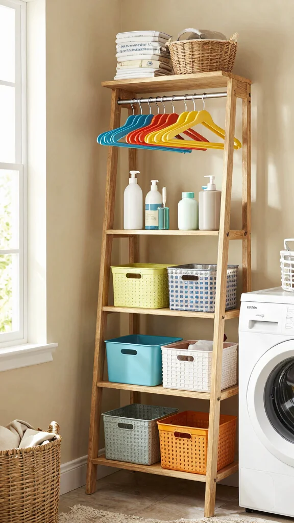 15 Laundry Room Clothes Hanger Ideas for a Functional Organized Space - 11. Ladder Shelf with Hangers 1