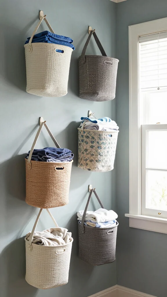 15 Laundry Room Clothes Hanger Ideas for a Functional Organized Space - 13. Hanging Wall Baskets 1