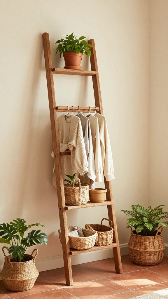 15 Laundry Room Clothes Hanger Ideas for a Functional Organized Space - 5. Ladder Clothes Rack 1