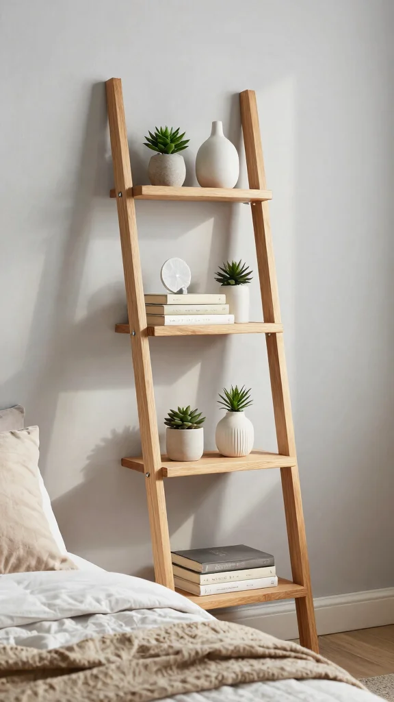 15 Next-to-Bed Shelf Ideas for a Stylish Nightstand Alternative - 4. Ladder Shelf for Height Variation 1