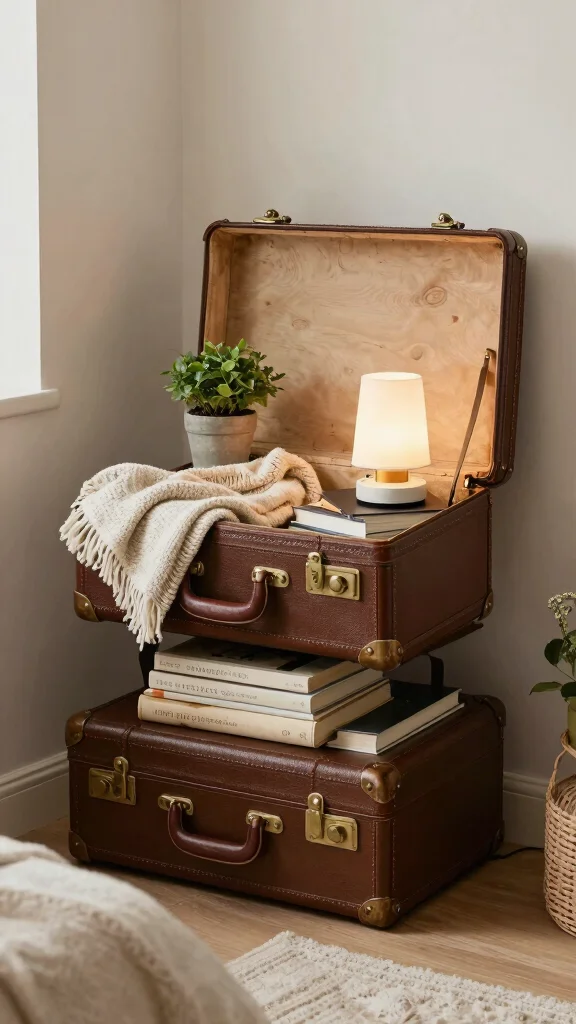 15 Next-to-Bed Shelf Ideas for a Stylish Nightstand Alternative - 6. Vintage Suitcases as Shelves 1