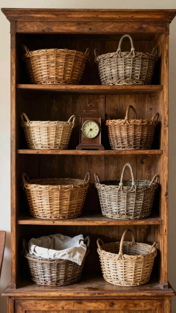 15 On Top of Hutch Basket Ideas for Styled Extra Storage - 11. Vintage Vibes with Antique Baskets 1