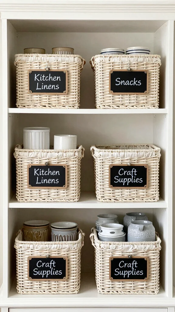 15 On Top of Hutch Basket Ideas for Styled Extra Storage - 4. Stylish Labeling for Easy Identification 1