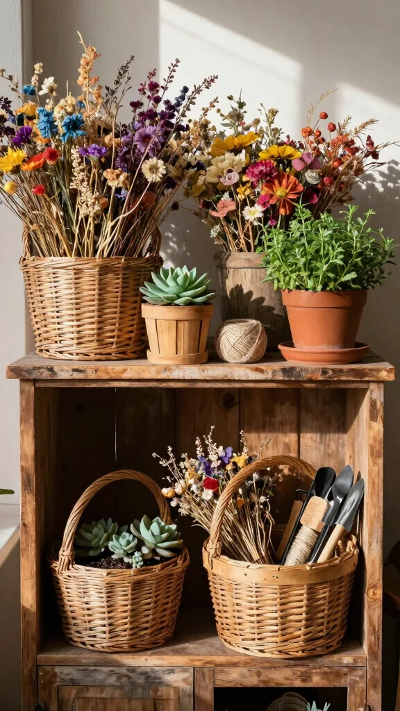 15 On Top of Hutch Basket Ideas for Styled Extra Storage - 6. Incorporating Natural Elements 1