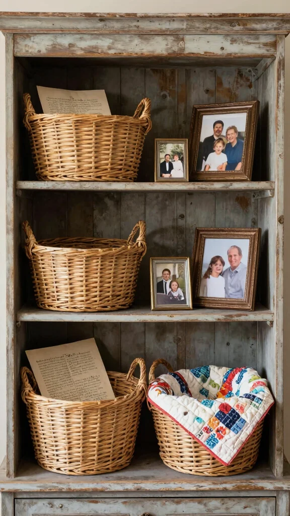 15 On Top of Hutch Basket Ideas for Styled Extra Storage - 9. Personal Touches with Family Heirlooms 1