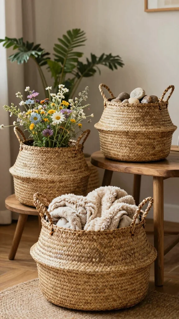 15 Set of 3 Basket Ideas for a Cohesive Layered Storage Display - 1. The Nature-Inspired Trio 1