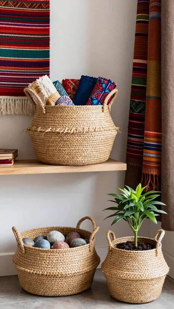 15 Set of 3 Basket Ideas for a Cohesive Layered Storage Display - 10. Eco-Chic Global Vibes 1