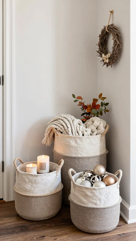 15 Set of 3 Basket Ideas for a Cohesive Layered Storage Display - 11. Seasonal Decor Storage 1