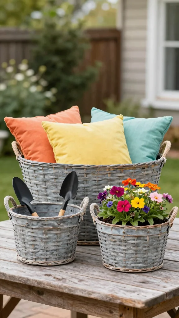 15 Set of 3 Basket Ideas for a Cohesive Layered Storage Display - 12. Outdoor Oasis Baskets 1
